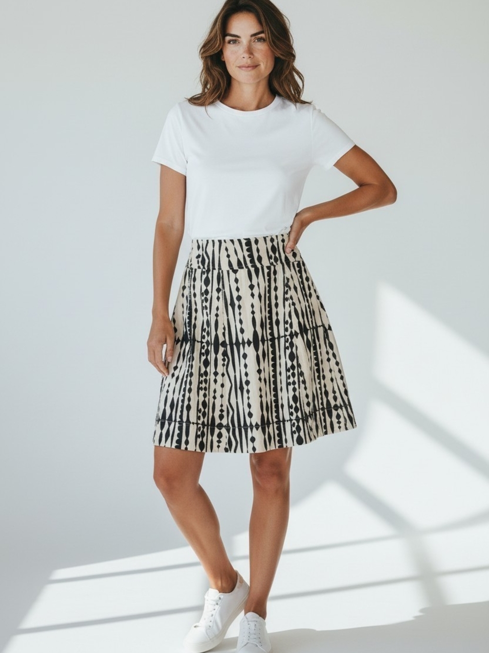 Anthropologie Postmark Black Ivory Geometric Corduroy Skirt Aline Boho 2 Preppy
